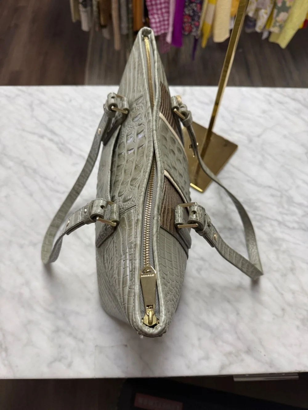 Brahmin Medium Asher Tote Embossed Croc Leather Sage and Tarama Two Tone